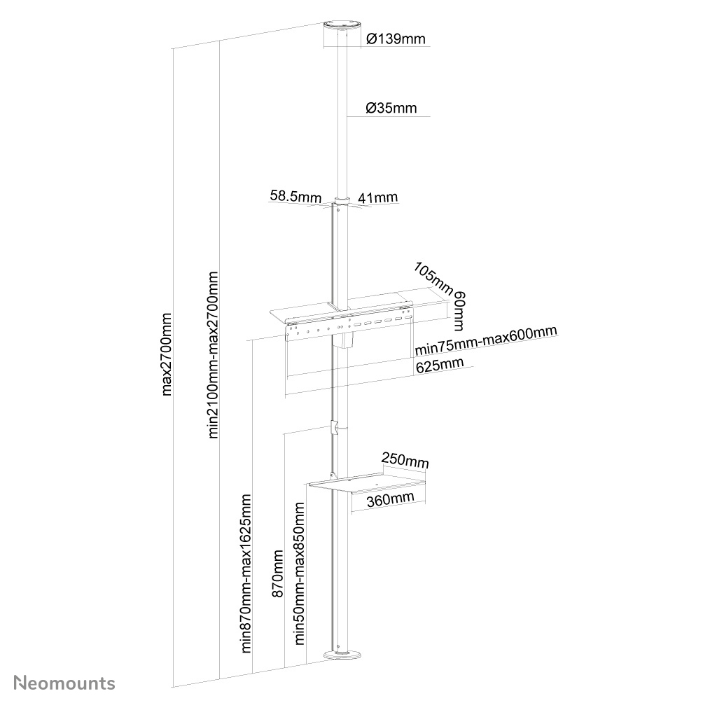 Neomounts FPMA-CF200SILVER Supporto da pavimento a soffitto per monitor 37-70"- alt. 210-270 cm